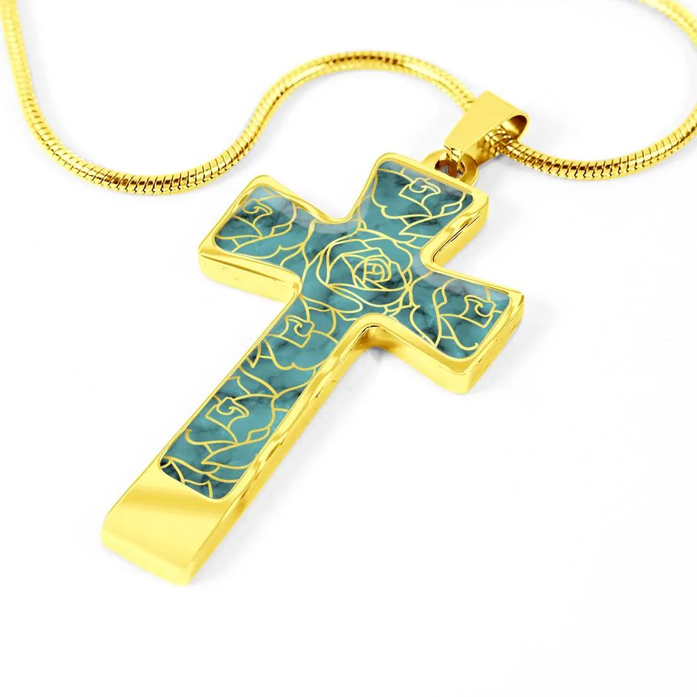 Turquoise With Rose Outline Pattern on Stainless Steel Cross Pendant Necklace With Chain and Gift Box