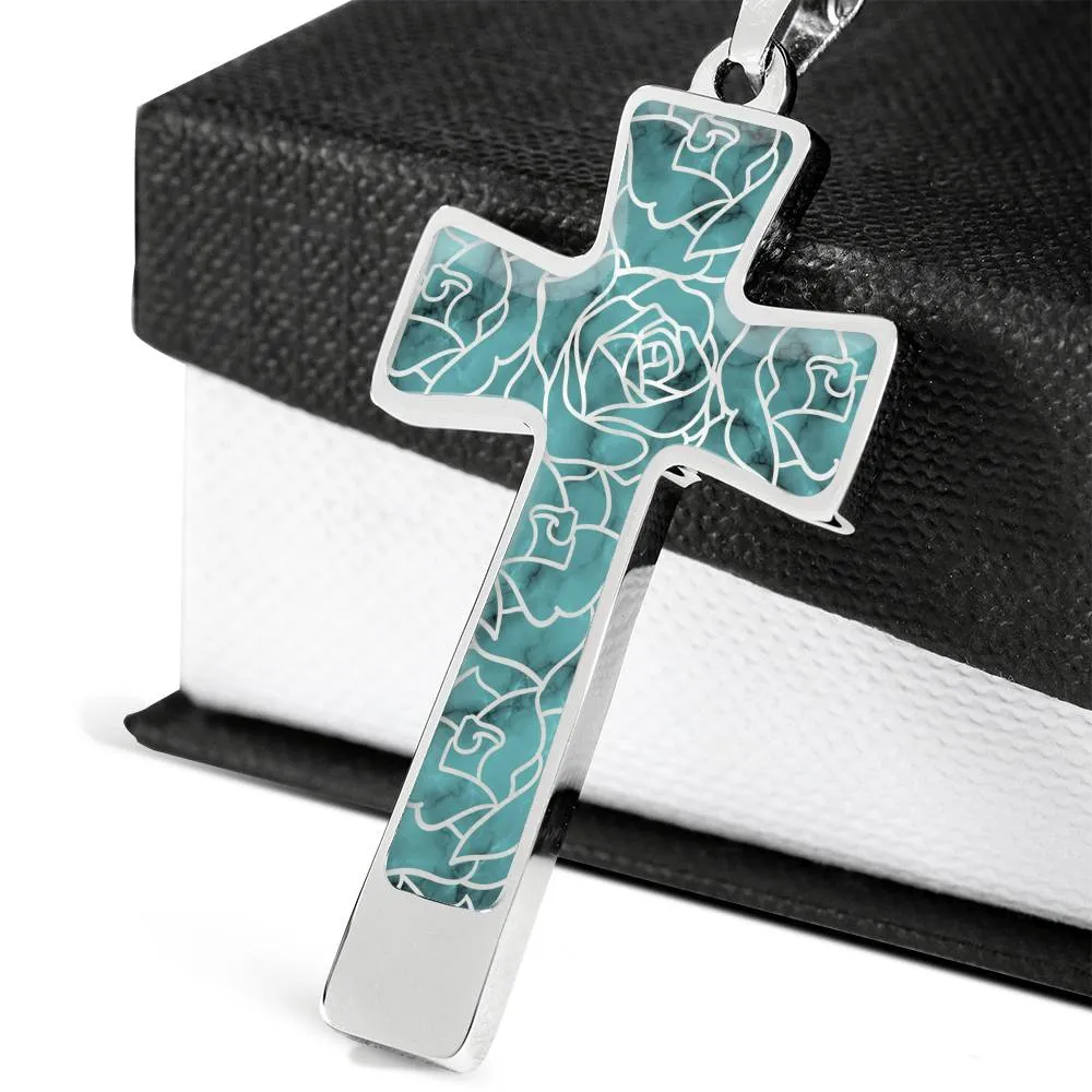 Turquoise With Rose Outline Pattern on Stainless Steel Cross Pendant Necklace With Chain and Gift Box