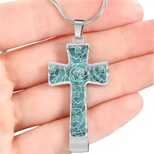 Turquoise With Rose Outline Pattern on Stainless Steel Cross Pendant Necklace With Chain and Gift Box
