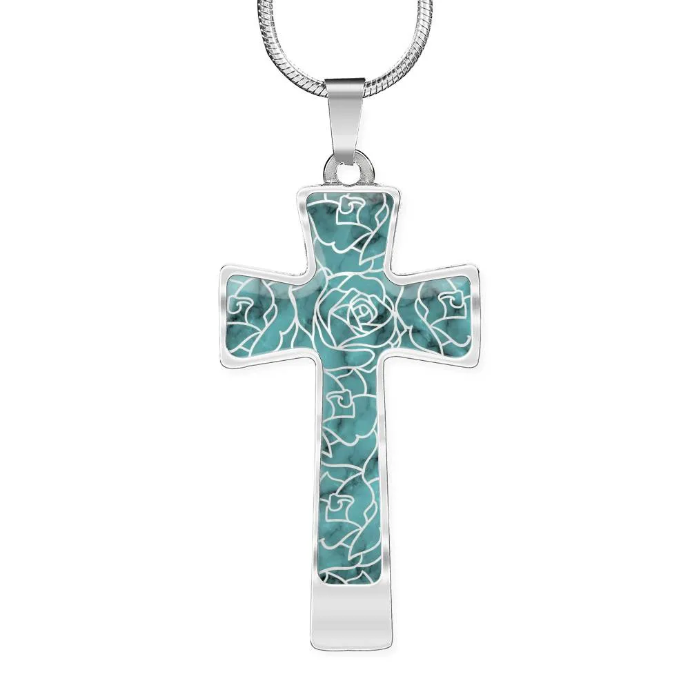 Turquoise With Rose Outline Pattern on Stainless Steel Cross Pendant Necklace With Chain and Gift Box