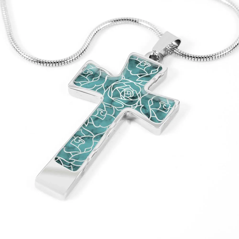 Turquoise With Rose Outline Pattern on Stainless Steel Cross Pendant Necklace With Chain and Gift Box