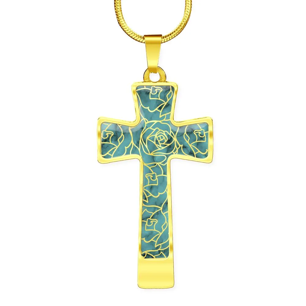 Turquoise With Rose Outline Pattern on Stainless Steel Cross Pendant Necklace With Chain and Gift Box