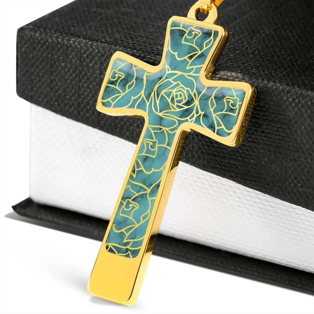 Turquoise With Rose Outline Pattern on Stainless Steel Cross Pendant Necklace With Chain and Gift Box