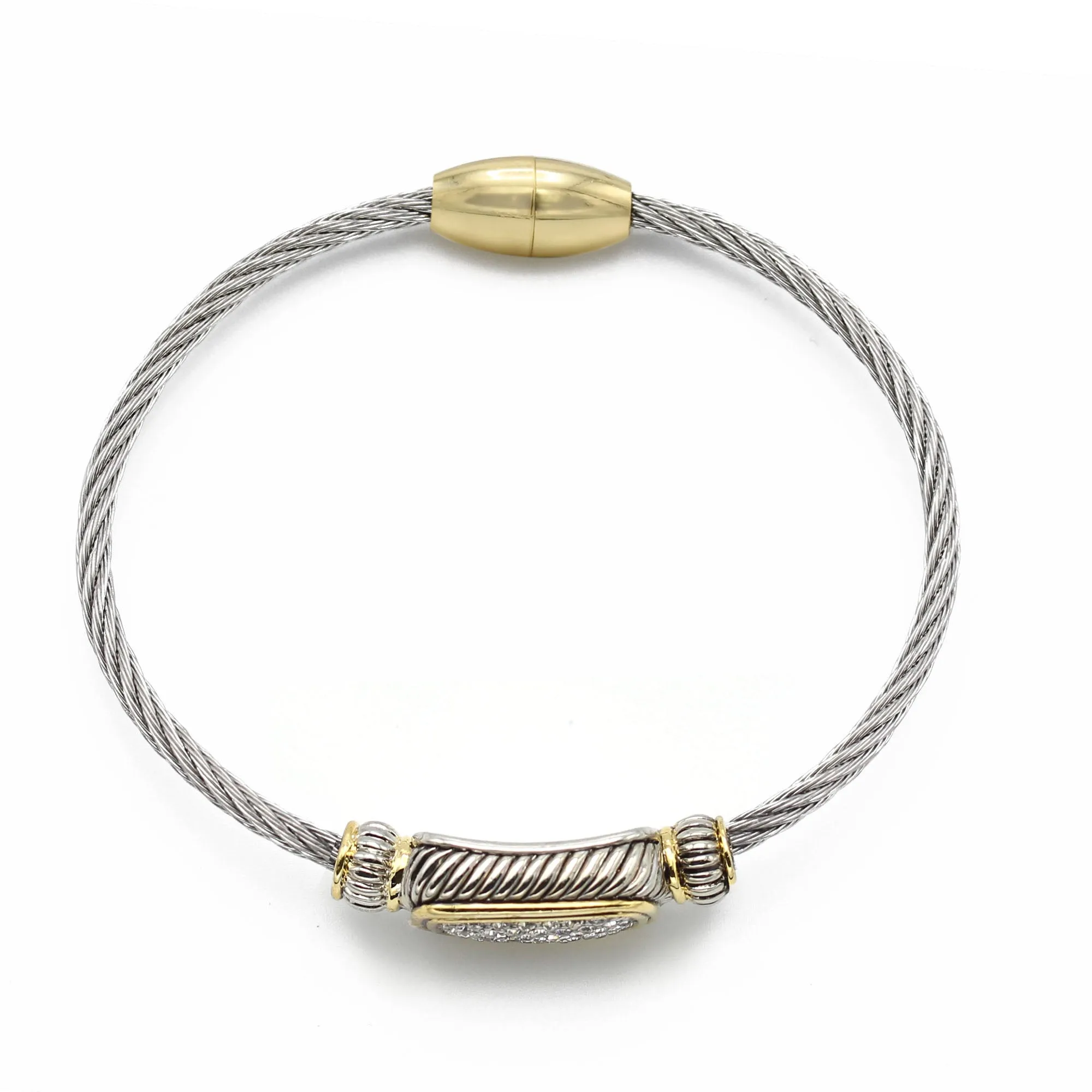 TWO TONE PAVE CRYSTAL ENGRAVED CLASSIC CABLE BRACELET #12506BRTT (FC12)