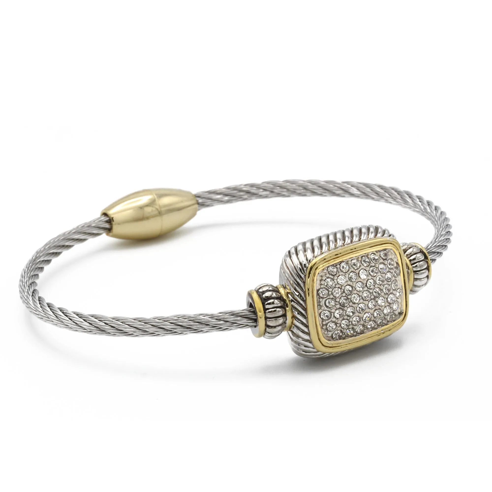 TWO TONE PAVE CRYSTAL ENGRAVED CLASSIC CABLE BRACELET #12506BRTT (FC12)