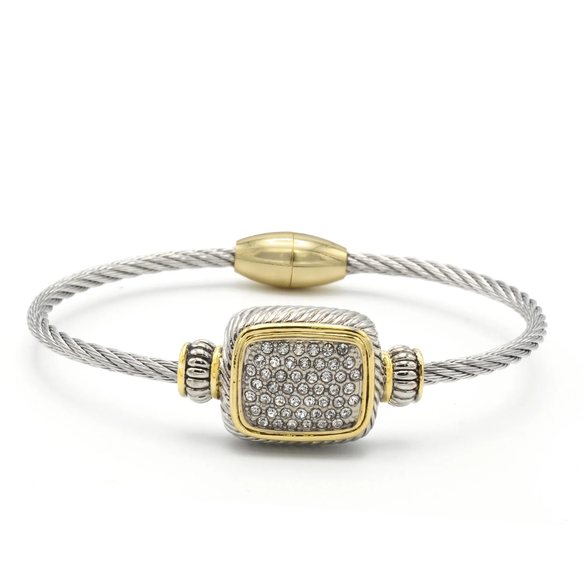 TWO TONE PAVE CRYSTAL ENGRAVED CLASSIC CABLE BRACELET #12506BRTT (FC12)