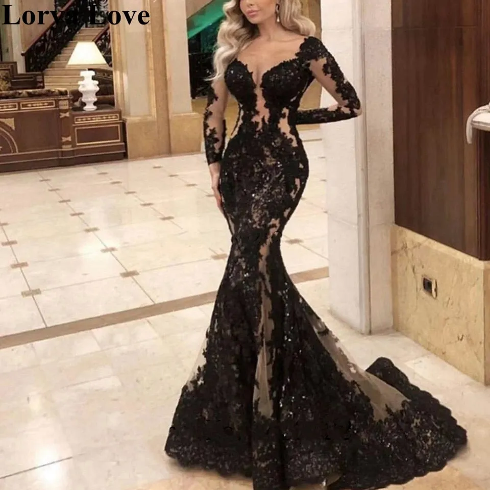 V-Neck Black Robe De Soiree Long Sleeves Dress