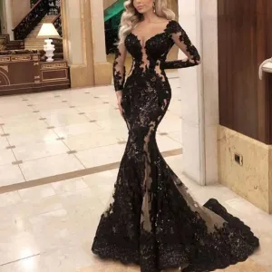 V-Neck Black Robe De Soiree Long Sleeves Dress