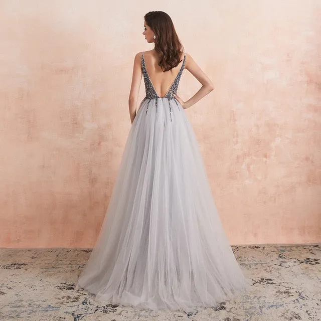 V-Neck High Split Tulle Sweep Train Sleeveless Evening Gown