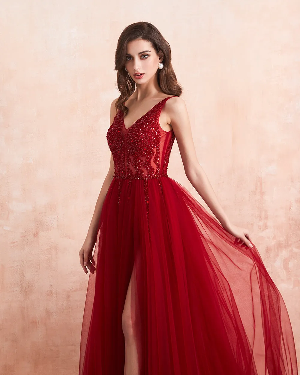 V-Neck High Split Tulle Sweep Train Sleeveless Evening Gown