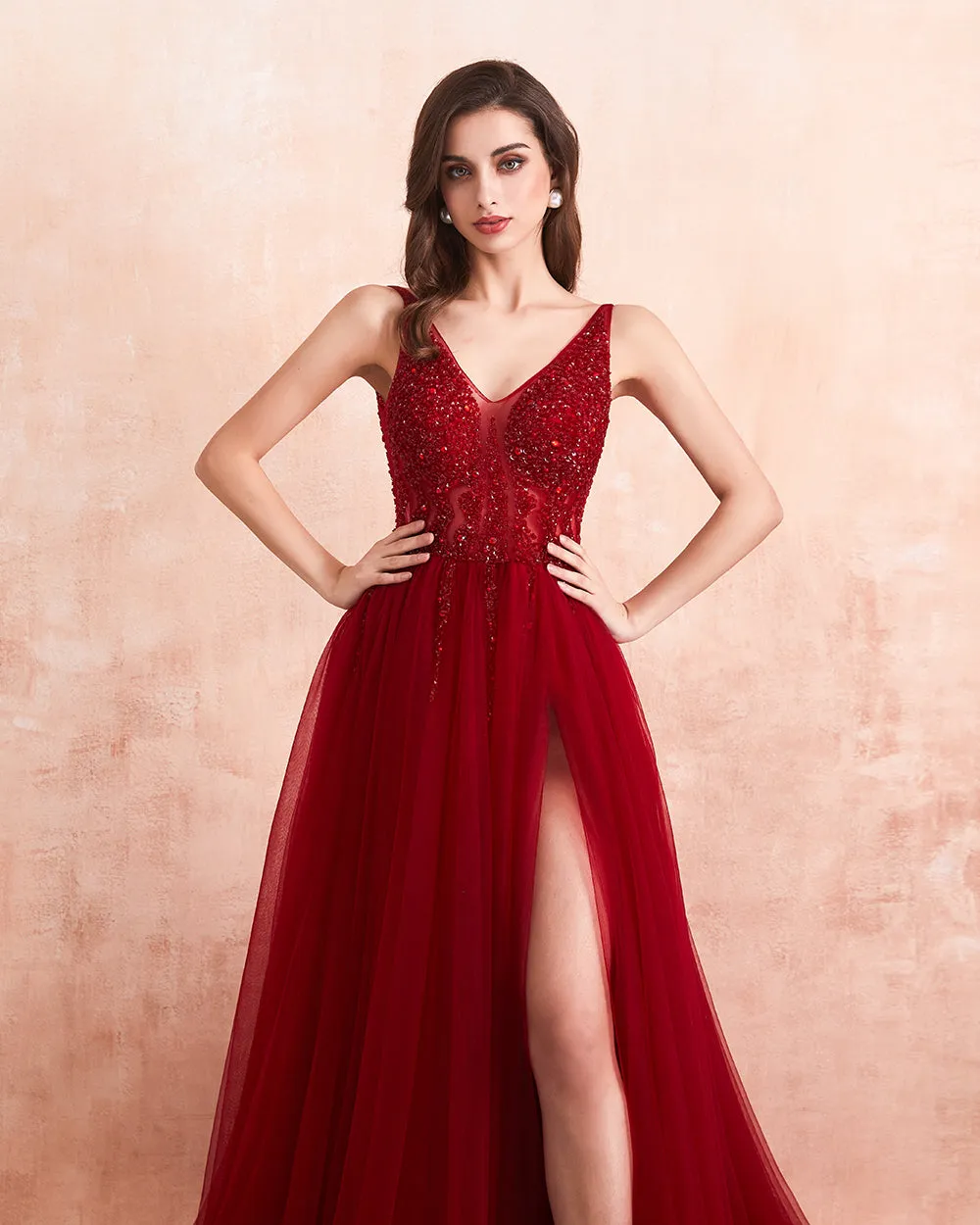 V-Neck High Split Tulle Sweep Train Sleeveless Evening Gown