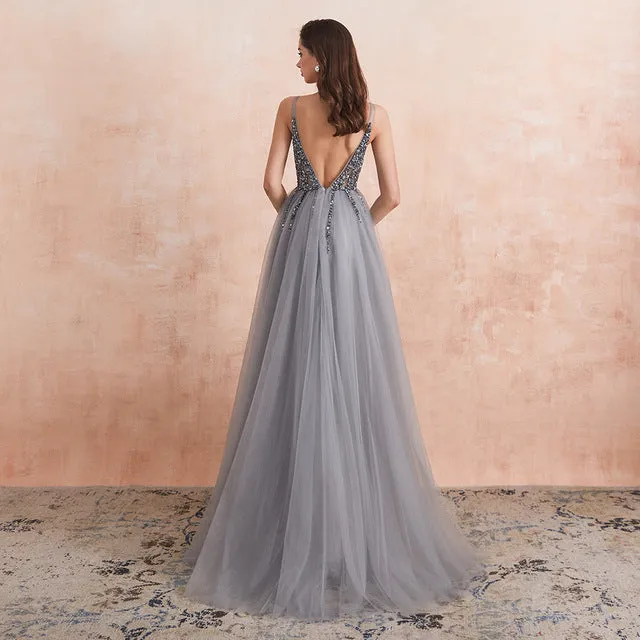 V-Neck High Split Tulle Sweep Train Sleeveless Evening Gown