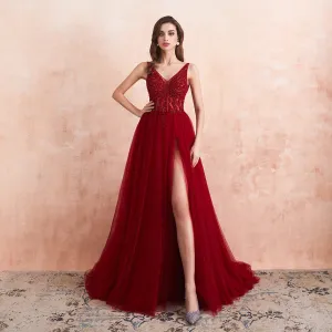 V-Neck High Split Tulle Sweep Train Sleeveless Evening Gown