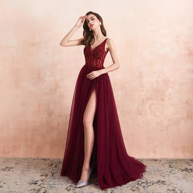 V-Neck High Split Tulle Sweep Train Sleeveless Evening Gown