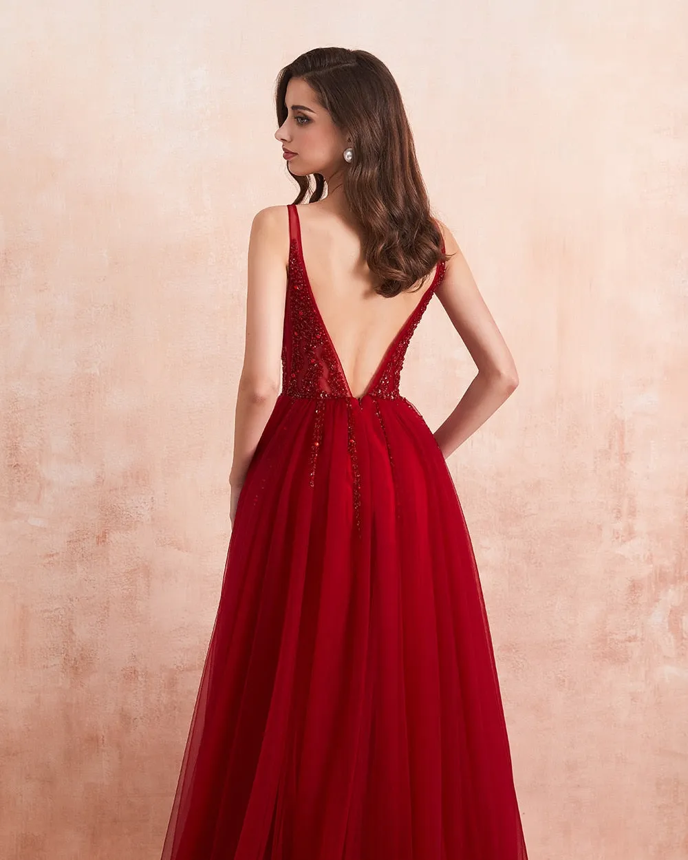 V-Neck High Split Tulle Sweep Train Sleeveless Evening Gown
