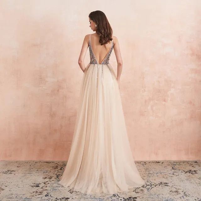 V-Neck High Split Tulle Sweep Train Sleeveless Evening Gown