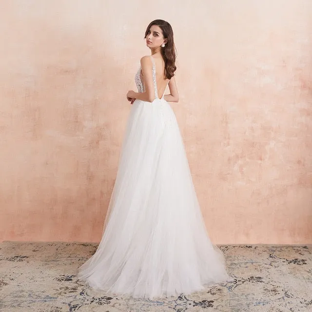 V-Neck High Split Tulle Sweep Train Sleeveless Evening Gown