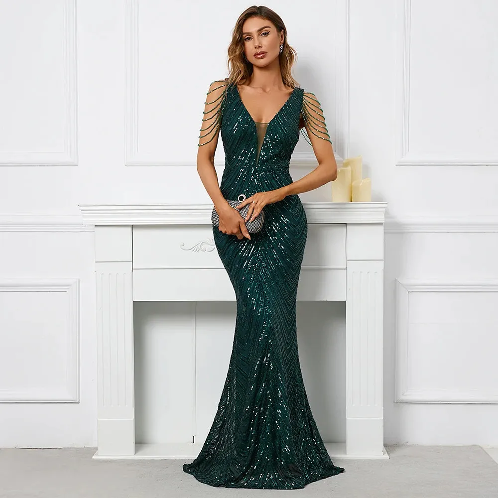 V Neck Silver Sequin Dress