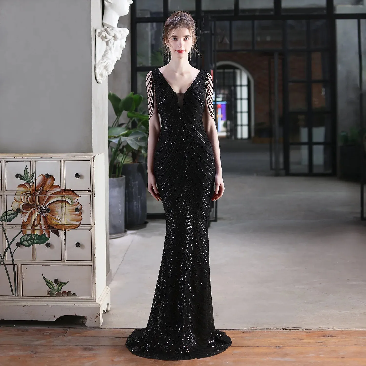 V Neck Silver Sequin Dress