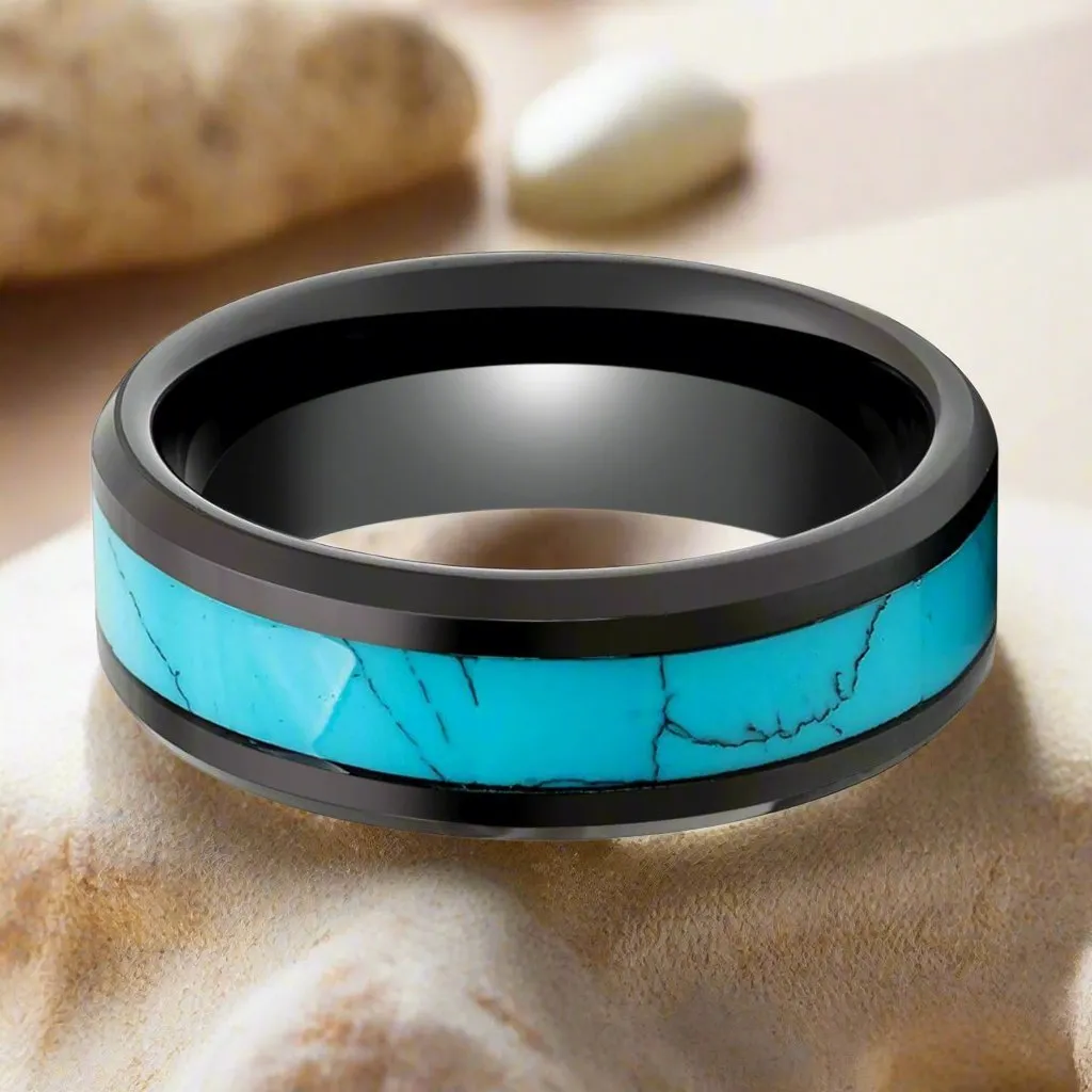 VERDEL | Black Tungsten Ring, Turquoise Inlay, Beveled Edge