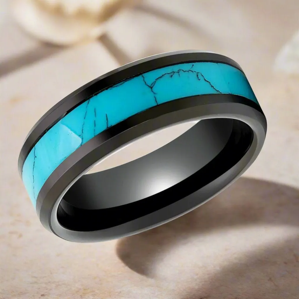 VERDEL | Black Tungsten Ring, Turquoise Inlay, Beveled Edge