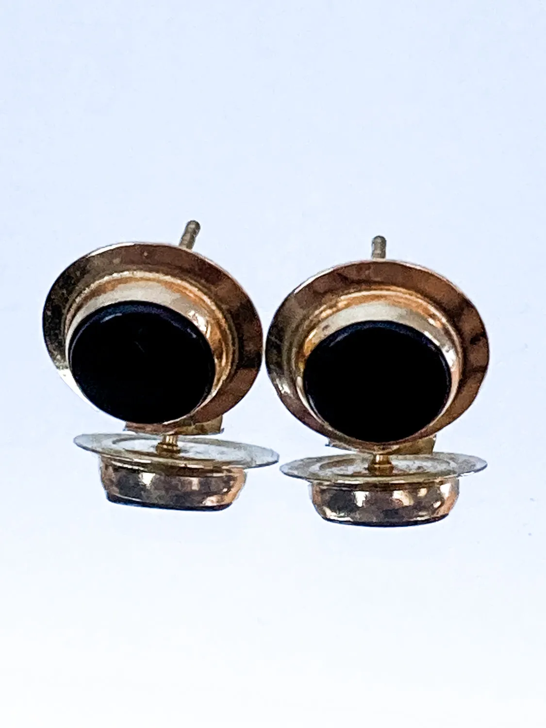 Vintage 14K Yellow Gold Black Onyx Circle Stud Post Earrings
