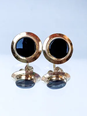 Vintage 14K Yellow Gold Black Onyx Circle Stud Post Earrings