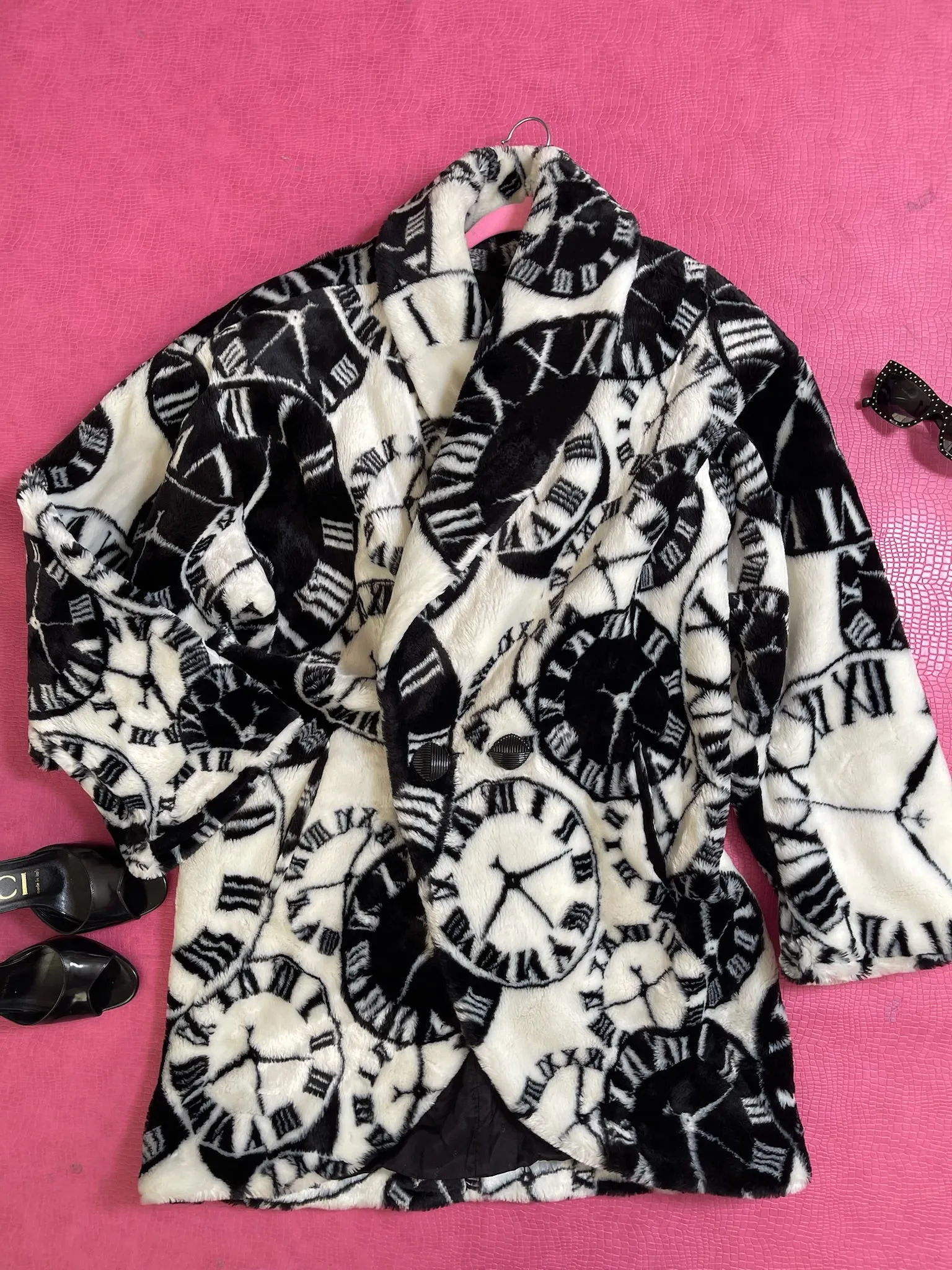 Vintage 80s "Mariel" Faux Fur Black & White Clock Coat - Fits Most Sizes