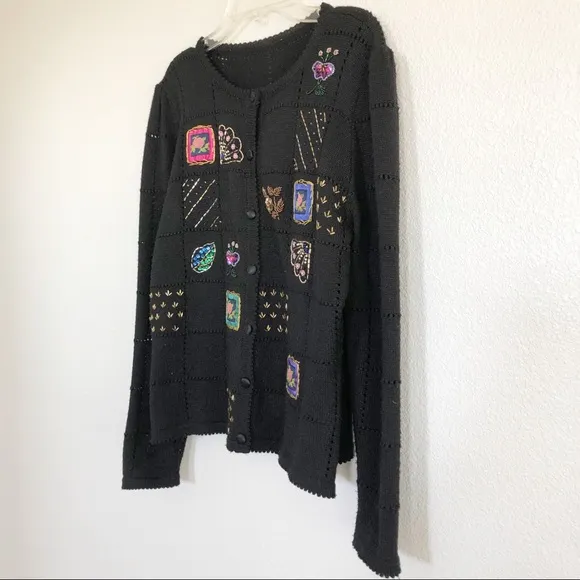Vintage 90s Wool Blend Black Sequined Cardigan M