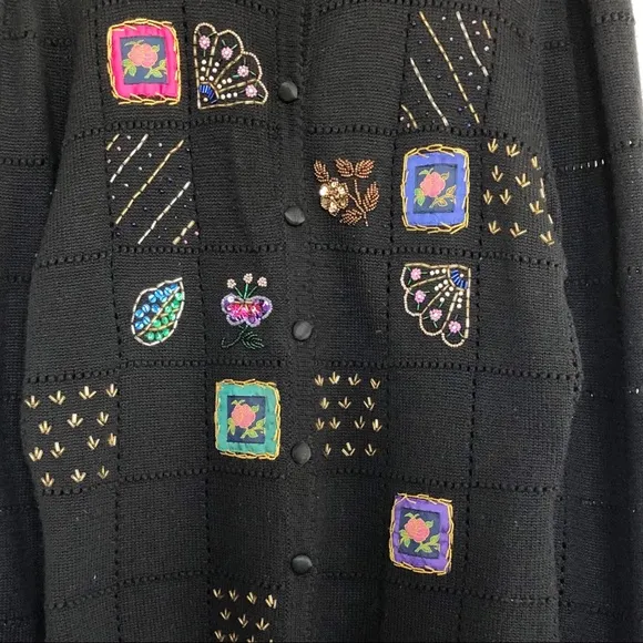 Vintage 90s Wool Blend Black Sequined Cardigan M