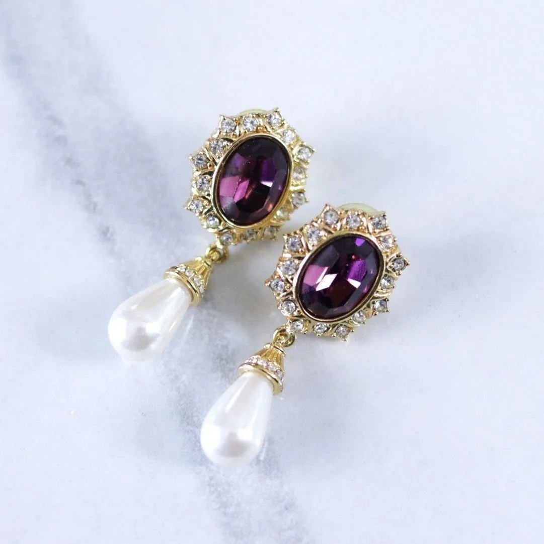 Vintage Amethyst Rhinestone and Pearl Drop Earrings