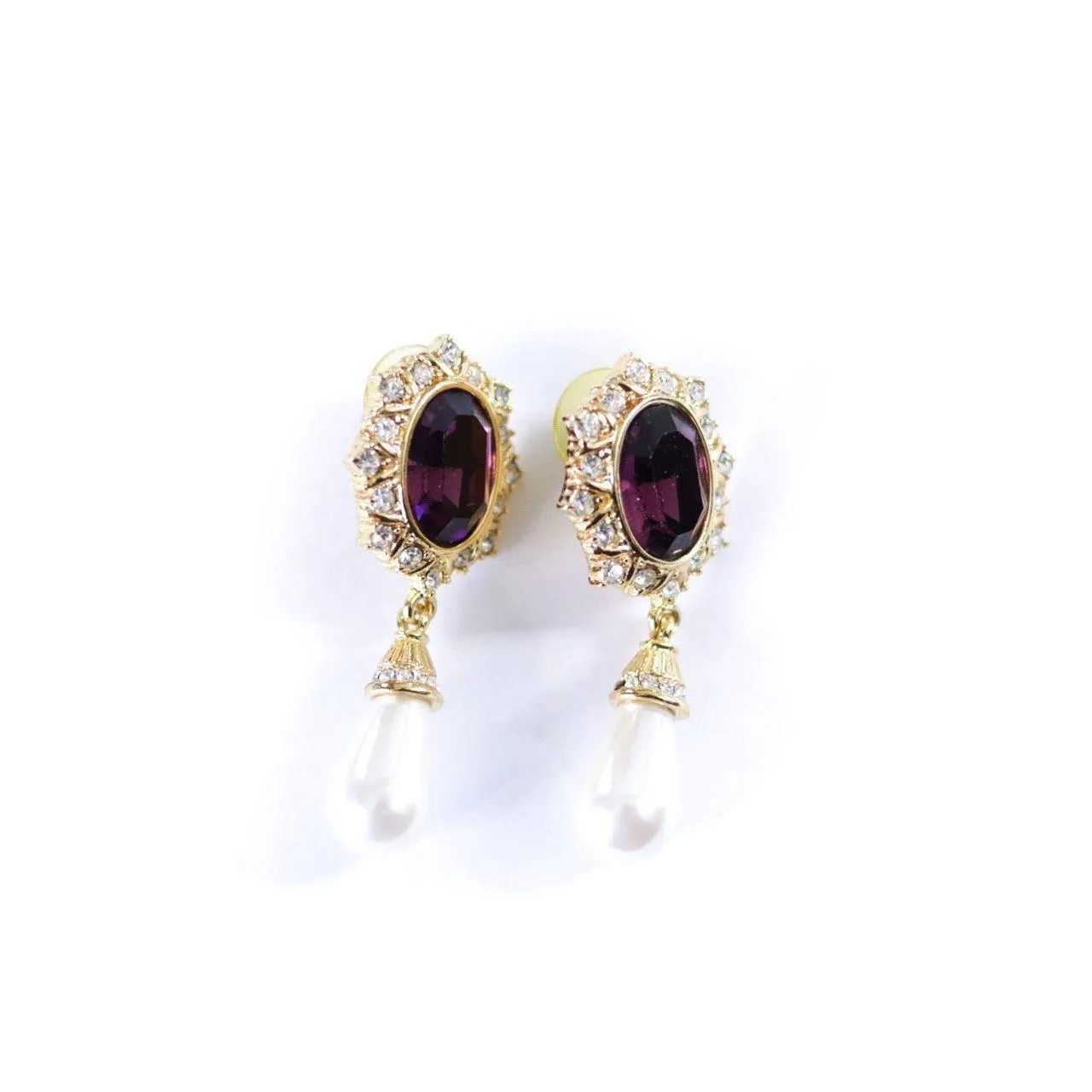 Vintage Amethyst Rhinestone and Pearl Drop Earrings