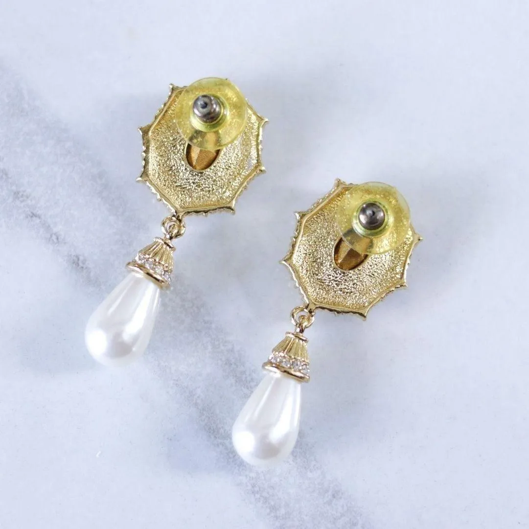 Vintage Amethyst Rhinestone and Pearl Drop Earrings