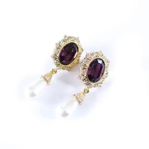 Vintage Amethyst Rhinestone and Pearl Drop Earrings