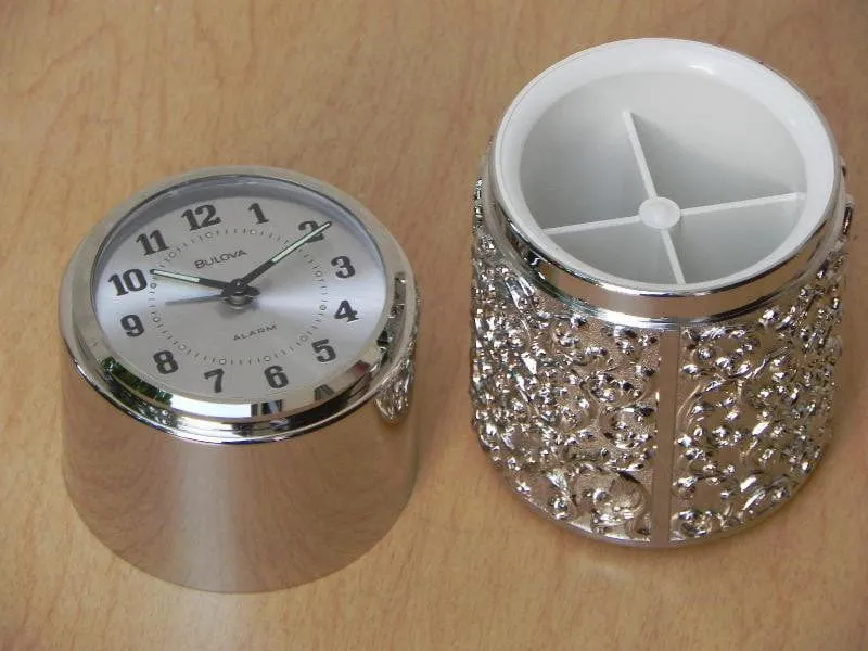Vintage Bulova Silver Cylindrical Desk Alarm Clock with Compartment