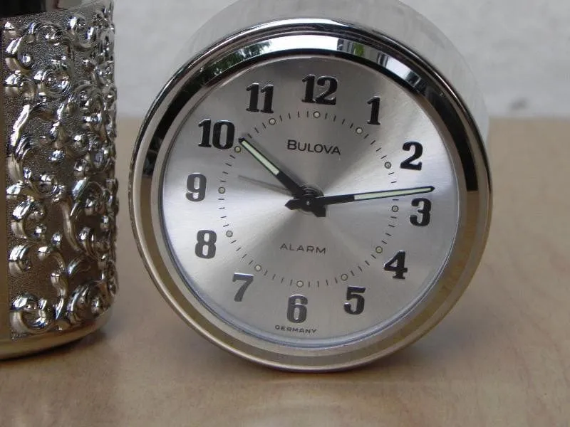 Vintage Bulova Silver Cylindrical Desk Alarm Clock with Compartment