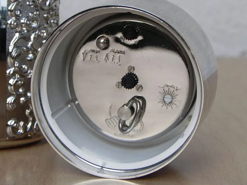 Vintage Bulova Silver Cylindrical Desk Alarm Clock with Compartment