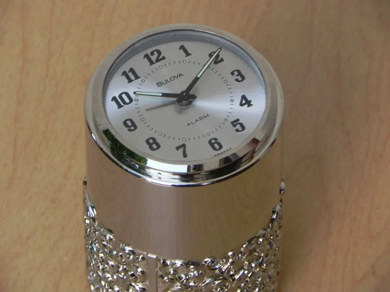 Vintage Bulova Silver Cylindrical Desk Alarm Clock with Compartment
