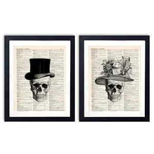 Vintage Dictionary Art Print Two Set Bone Art Wall Decor 8x10 inch Unframed Skull Couples