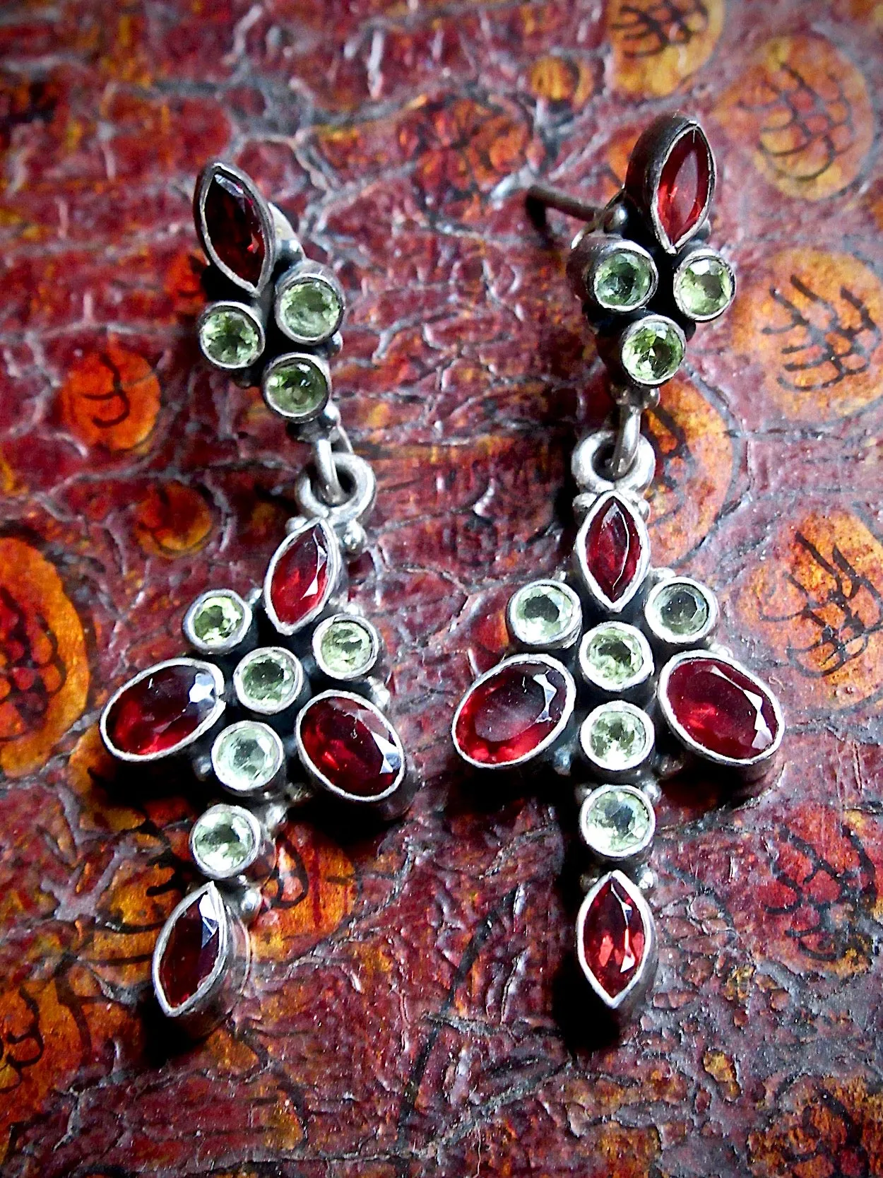 Vintage Garnet and Peridot Long Dangle Earrings from Jaipur