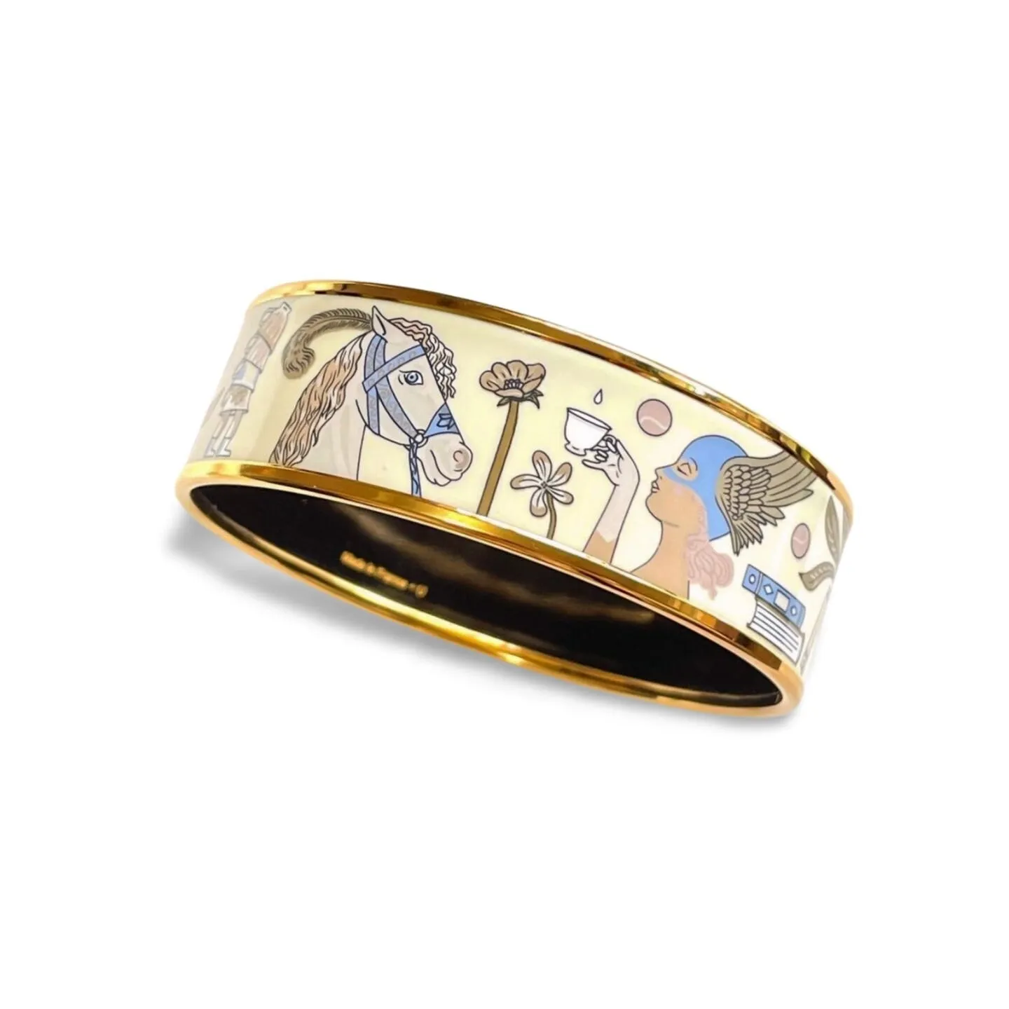 Vintage Hermes cloisonne enamel golden bangle with artistic illustration. Rare design Hermes GM bracelet. Horse, flower, clock etc.060402ac5