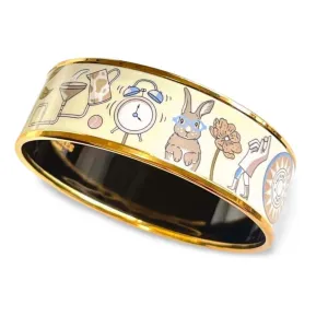 Vintage Hermes cloisonne enamel golden bangle with artistic illustration. Rare design Hermes GM bracelet. Horse, flower, clock etc.060402ac5