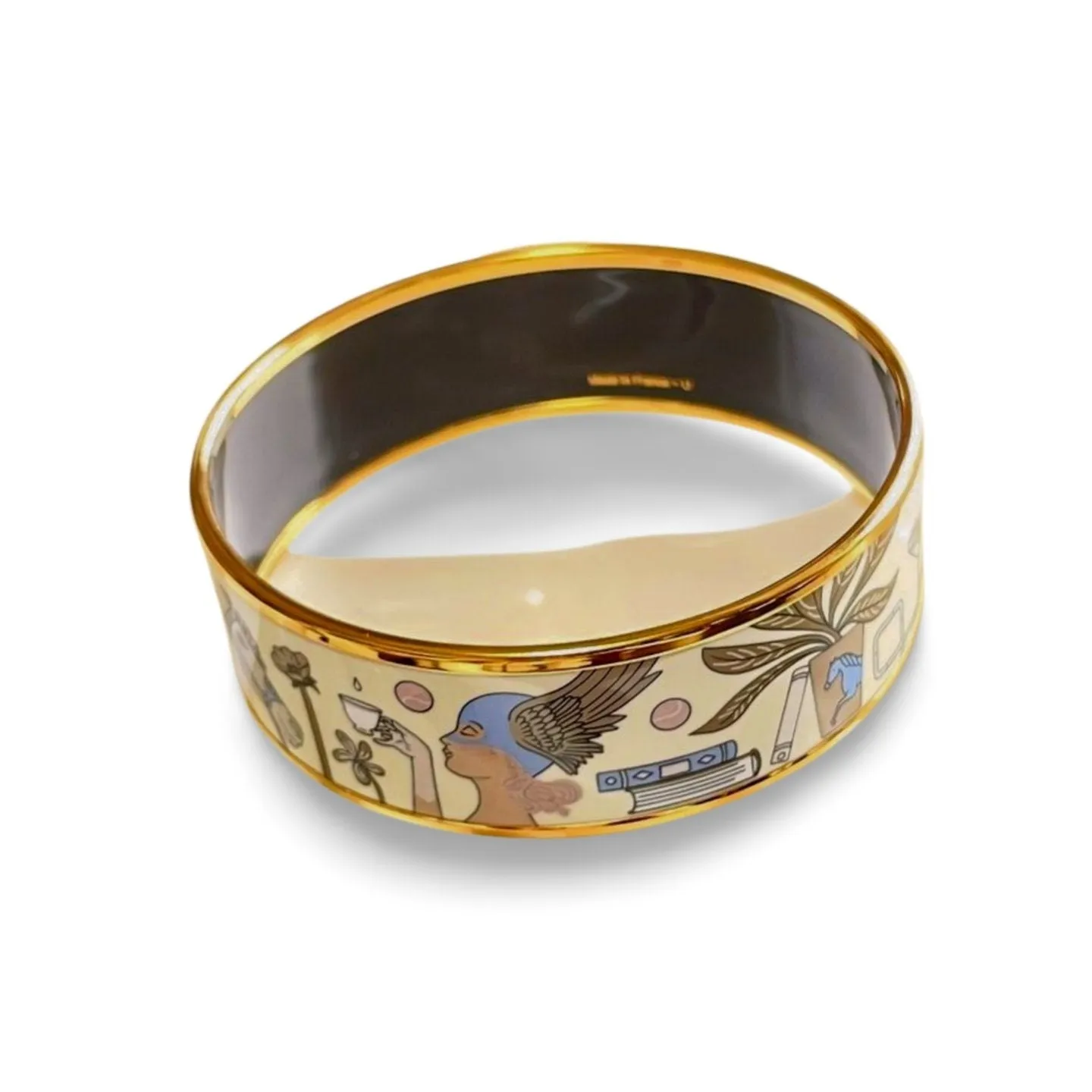 Vintage Hermes cloisonne enamel golden bangle with artistic illustration. Rare design Hermes GM bracelet. Horse, flower, clock etc.060402ac5