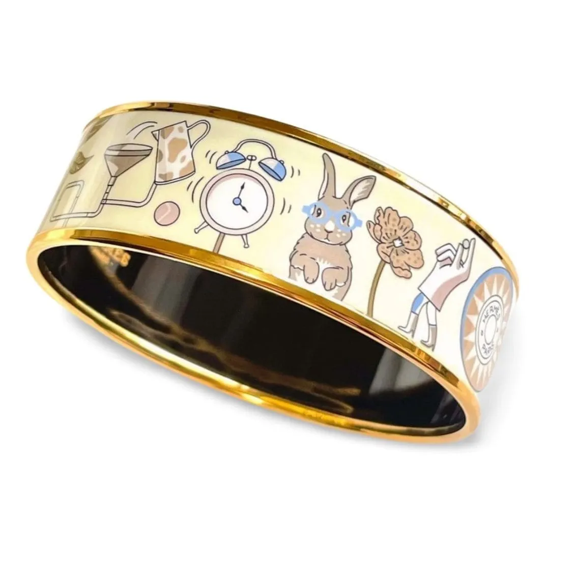 Vintage Hermes cloisonne enamel golden bangle with artistic illustration. Rare design Hermes GM bracelet. Horse, flower, clock etc.060402ac5
