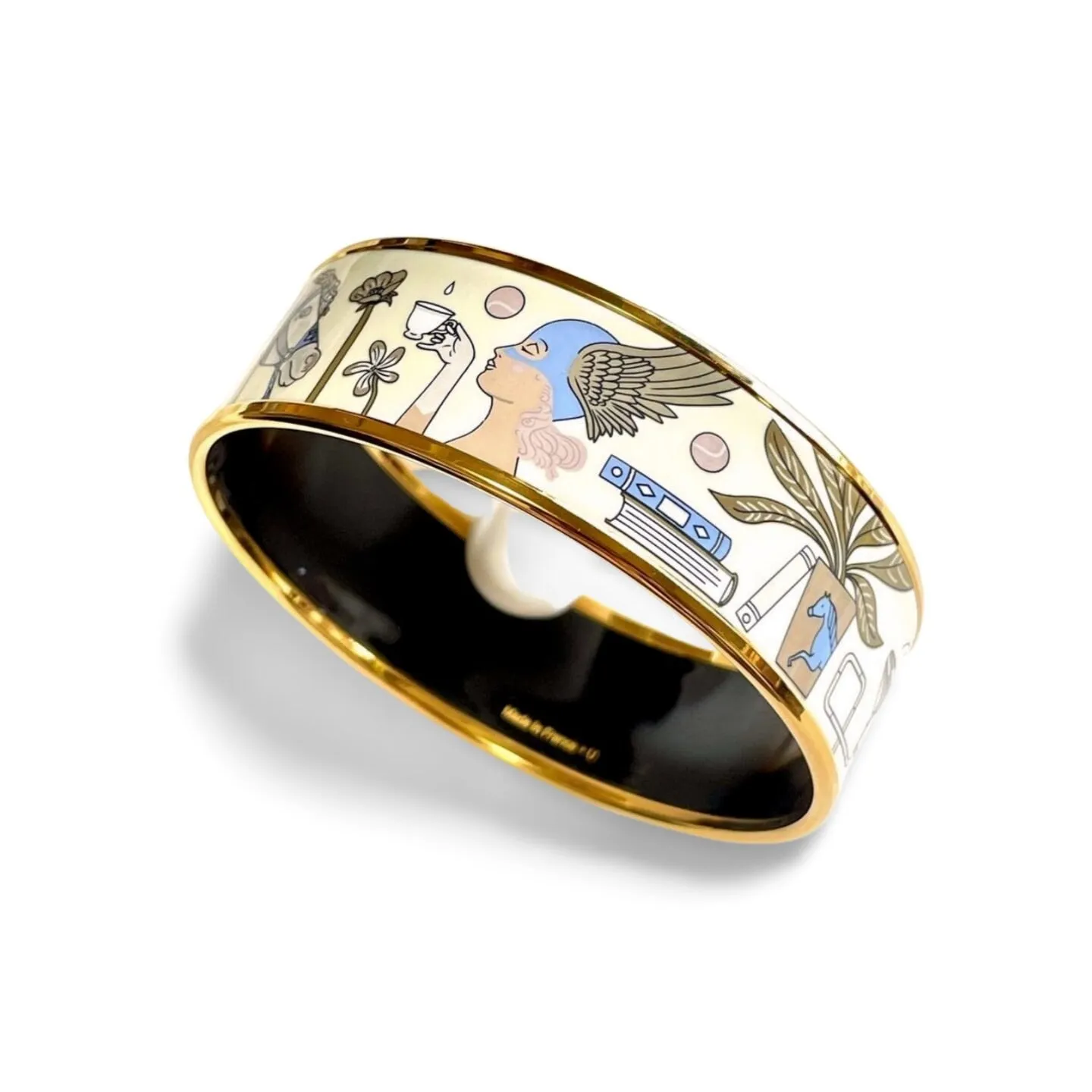 Vintage Hermes cloisonne enamel golden bangle with artistic illustration. Rare design Hermes GM bracelet. Horse, flower, clock etc.060402ac5