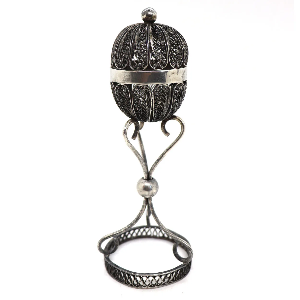 Vintage Judaica Silver Filagree Besamim Spice Box on Stand
