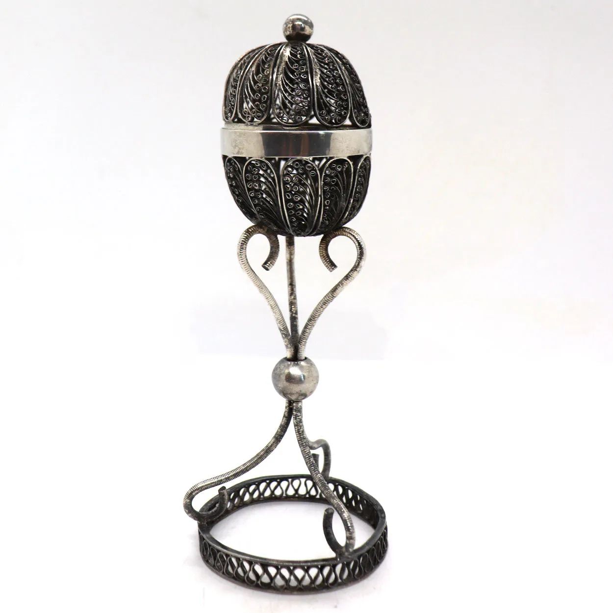Vintage Judaica Silver Filagree Besamim Spice Box on Stand