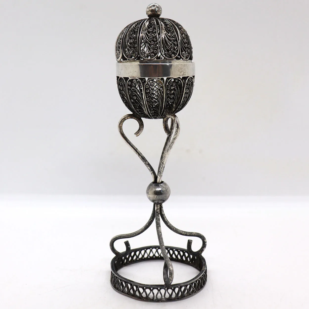 Vintage Judaica Silver Filagree Besamim Spice Box on Stand