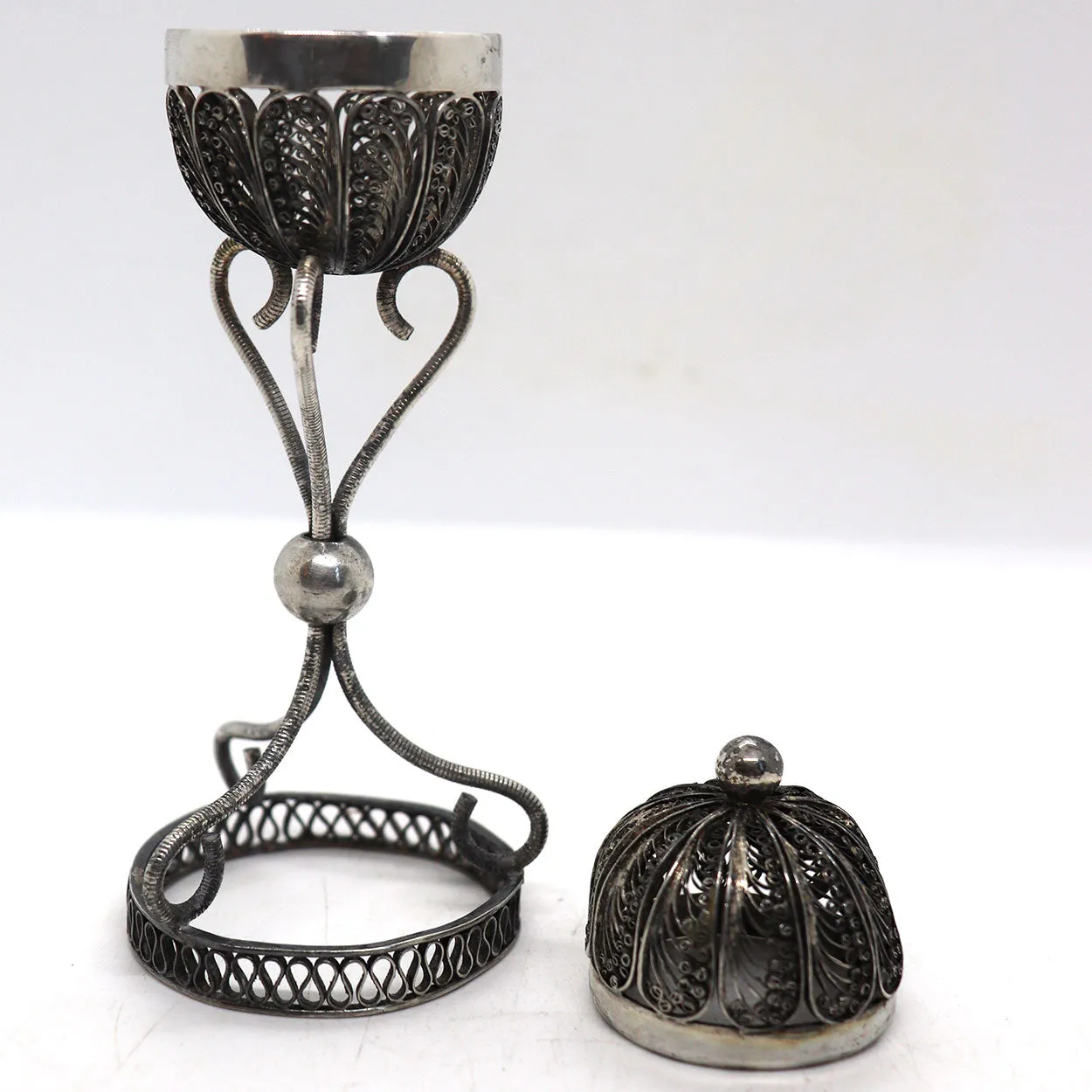 Vintage Judaica Silver Filagree Besamim Spice Box on Stand