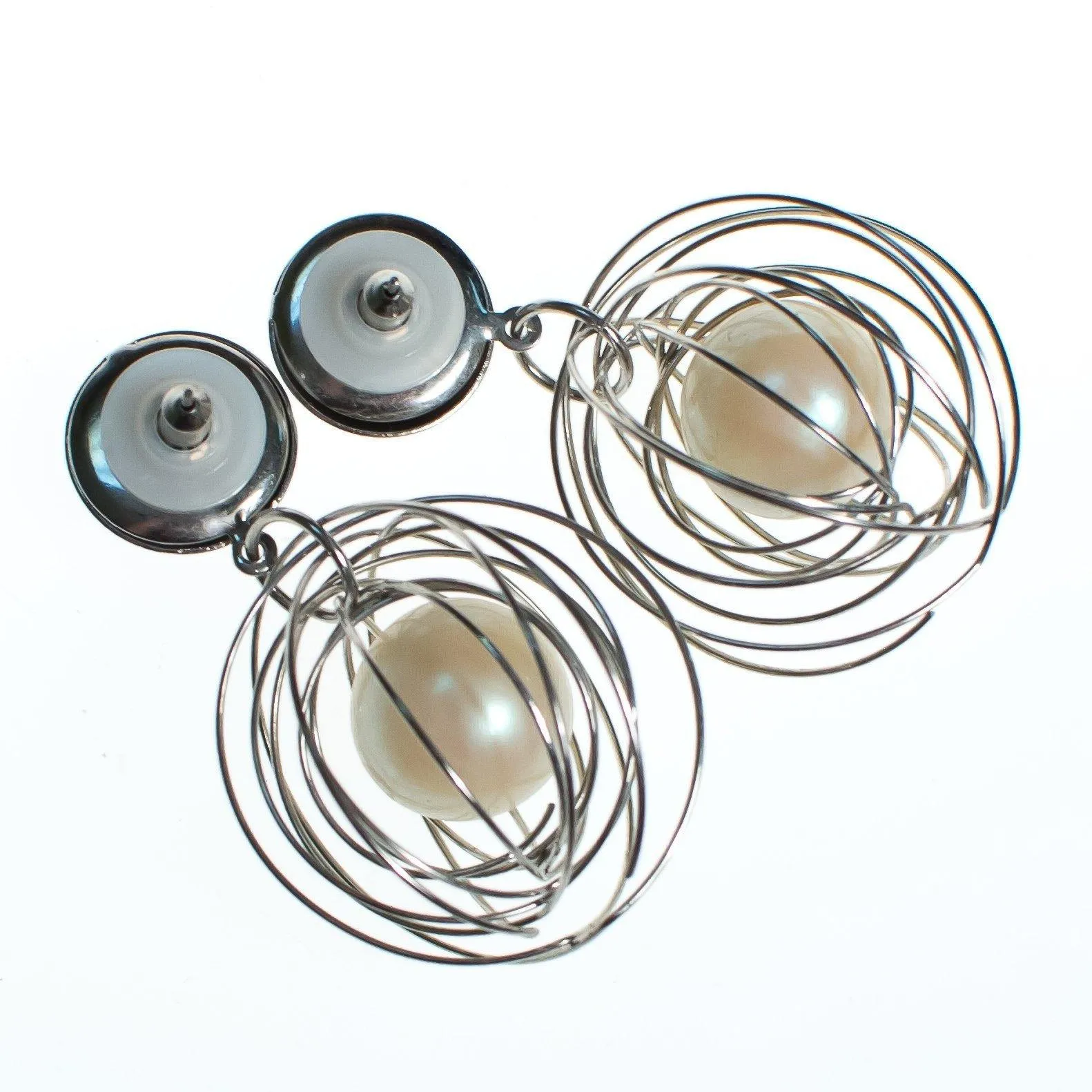 Vintage Mod Silver Caged Pearl Dangling Statement Earrings